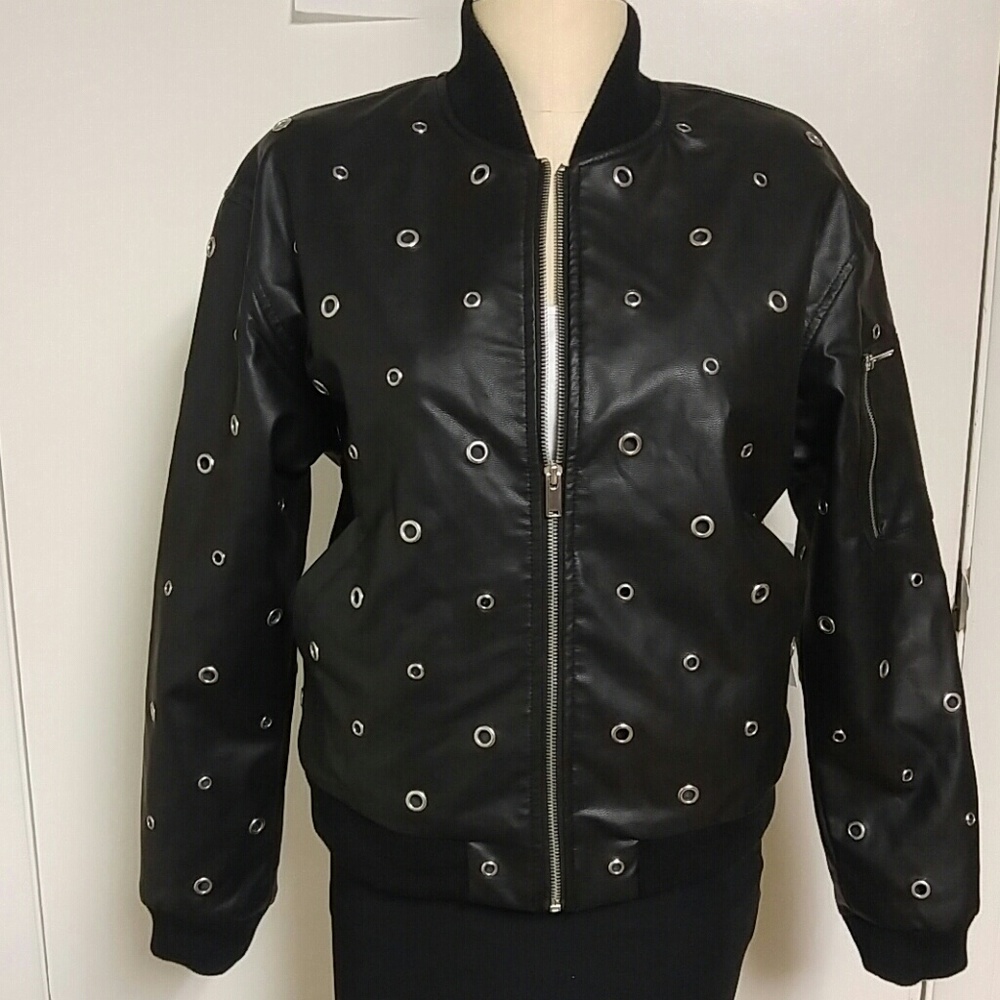 Faux Leather Bomber Jacket w/Metal, NWT!
